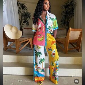 Colorful Tropical Print Women's Jumpsuit Size M Elastic Vacation Beach